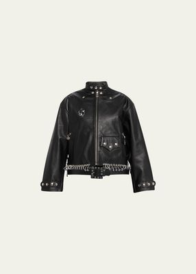 Leather Belted Jacket with Logo Charms