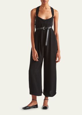 Leather Belted Wide-Leg Crepe Jumpsuit