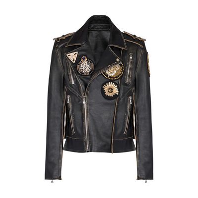 Leather biker jacket with embroidered badges