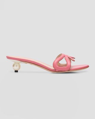 Leather Bow Pearly Slide Sandals