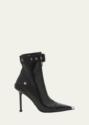 Leather Buckle-Cuff Stiletto Moto Booties