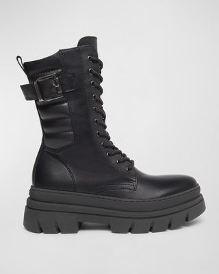 Leather Buckle Mid Combat Boots