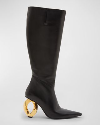 Leather Chain-Heel Knee Boots
