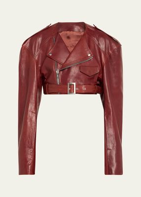 Leather Cropped Belted Moto Jacket