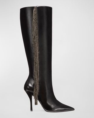 Leather Crystal Fringe Knee Boots