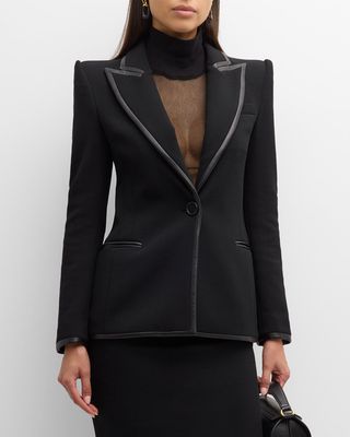 Leather Frame Strong-Shoulder Single-Breasted Blazer Jacket