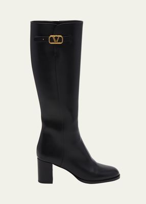 Leather Knee High Boots with V Logo