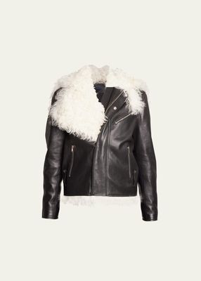 Leather Motorcycle Jacket with Shearling Lining