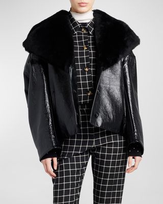 Leather Short Jacket with Shearling Shawl Collar