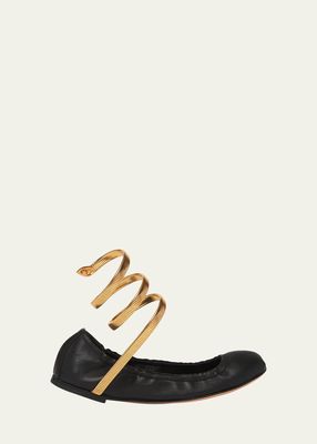 Leather Snake-Wrap Ballerina Flats