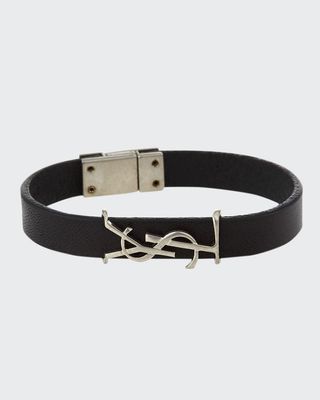 Leather YSL Monogram Bracelet, Black/Silver