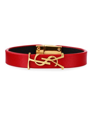 Leather YSL Monogram Bracelet, Red/Gold