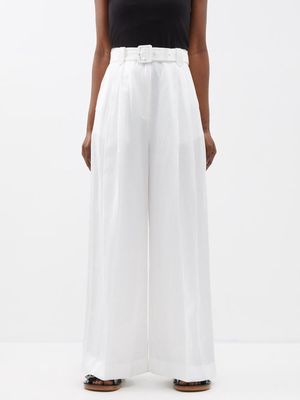 Lee Mathews - Florentina Belted Slubbed Wide-leg Trousers - Womens - Off White