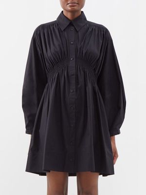 Lee Mathews - Posey Shirred Cotton-poplin Mini Shirt Dress - Womens - Black