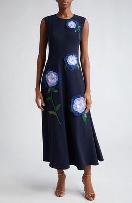 Lela Rose 3D Floral Appliqué Sleeveless Midi Dress in Navy