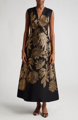 Lela Rose Blair Metallic Embroidered Floral Gown in Black