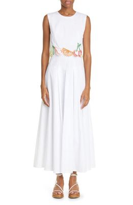 Lela Rose Embroidered Fruit Pleated Popover Dress in White