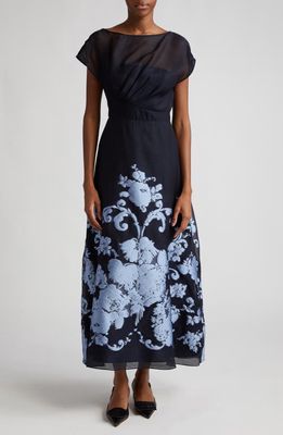 Lela Rose Evelyn Floral Embroidery Dress in Navy