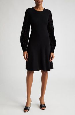 Lela Rose Flocked Velvet Long Sleeve Mixed Media Fit & Flare Dress in Black