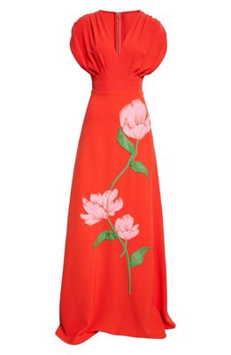 Lela Rose Floral Crepe V-Neck Gown in Cherry
