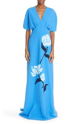Lela Rose Floral Crepe V-Neck Gown in Cornflower Blue