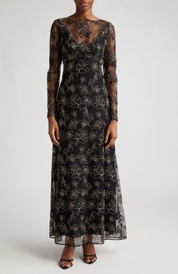 Lela Rose Floral Embroidery Long Sleeve Gown in Black