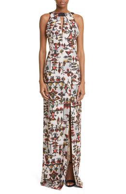 Lela Rose Floral Keyhole Column Gown in Stone