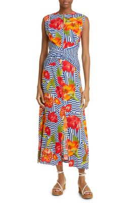 Lela Rose Floral Mixed Print Ruched Waist Dress in Red Multi