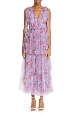Lela Rose Floral Print Tiered Tulle Midi Dress in Lavender