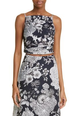 Lela Rose Floral Ruched Crop Cotton Tank Top in Navy