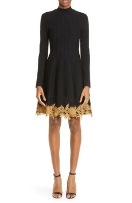 Lela Rose Guipure Lace Appliqué Fit & Flare Sweater Dress in Black/Gold