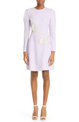 Lela Rose Holly Guipure Lace Appliqué Stretch Crepe Minidress in Lavender/Silver