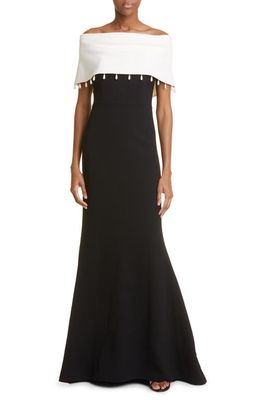 Lela Rose Imitation Pearl Detail Off-the-Shoulder Wool Blend Gown in Black/Ivory