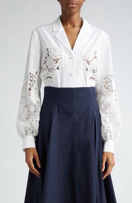 Lela Rose Lace Embellished Button-Up Shirt in Ivory 