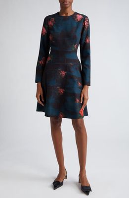Lela Rose Lily Floral Tiered Long Sleeve Fit & Flare Dress in Ocean