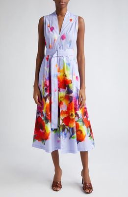 Lela Rose Margot Watercolor Floral Print Belted Shirtdress in Periwinkle Multi