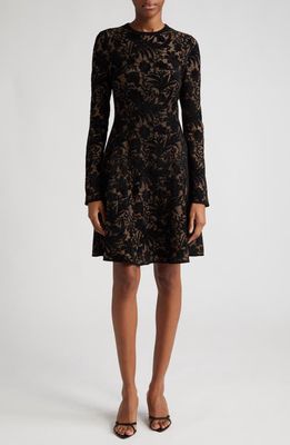 Lela Rose Metallic Floral Long Sleeve Fit & Flare Dress in Black
