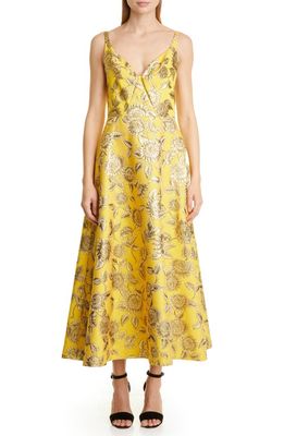 Lela Rose Metallic Sunflower Jacquard V-Neck Midi Dress in Marigold