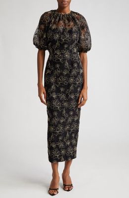 Lela Rose Naomi Floral Embroidery Sheath Dress in Black