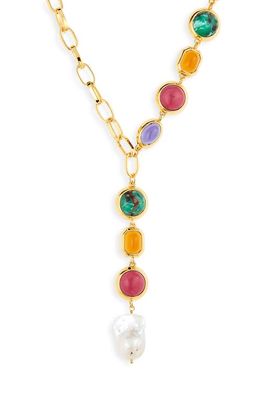 Lele Sadoughi Baroque Freshwater Pearl & Cabochon Y Necklace in Glass Rainbow