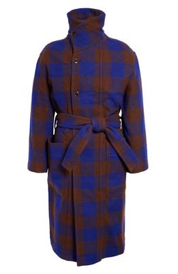 Lemaire Buffalo Check Virgin Wool Bathrobe Coat in Brown/Electric Blue Mu173