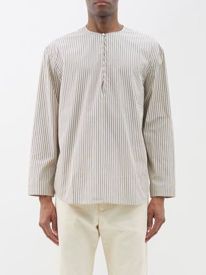 Lemaire - Collarless Striped Cotton Shirt - Mens - Cream Multi