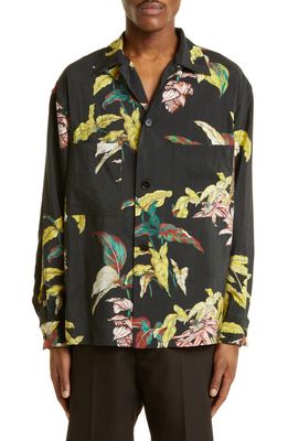 Lemaire Floral Silk Blend Button-Up Pajama Shirt in Black Multicolor