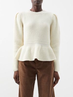 Lemaire - Peplum-hem Ribbed-knit Wool Sweater - Womens - Light Cream