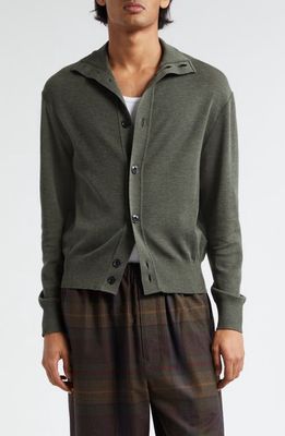 Lemaire Stand Collar Wool Cardigan in Dusty Olive Gr701