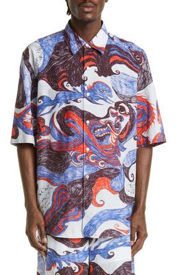 Lemaire x Noviadi Angkasapura Print Oversize Short Sleeve Shirt in Blue Multicolor