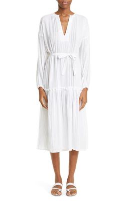 lemlem Abira Long Sleeve Tiered Cotton Blend Cover-Up Midi Dress in White