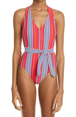 lemlem Luchia Stripe Deep V-Neck One-Piece Swimsuit in Classic Red