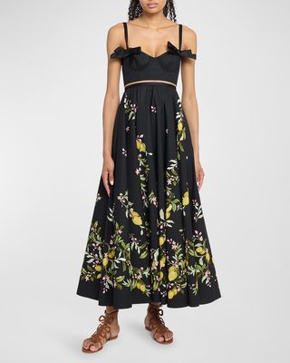 Lemon-Print Bow Sleeveless Bustier Tea-Length Dress