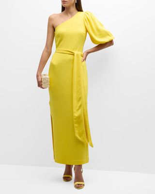 Lena Puff-Sleeve One-Shoulder Sash-Tie Midi Dress